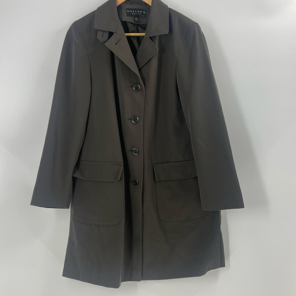 Gallery petite muted grey color car coat button front pockets